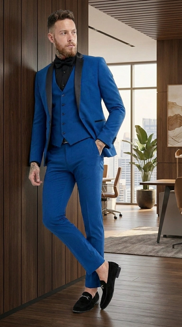 Men’s Royal Blue 3 Piece Suit with Black Lapel – Modern Formal Suit for Wedding, Prom and Party Wear