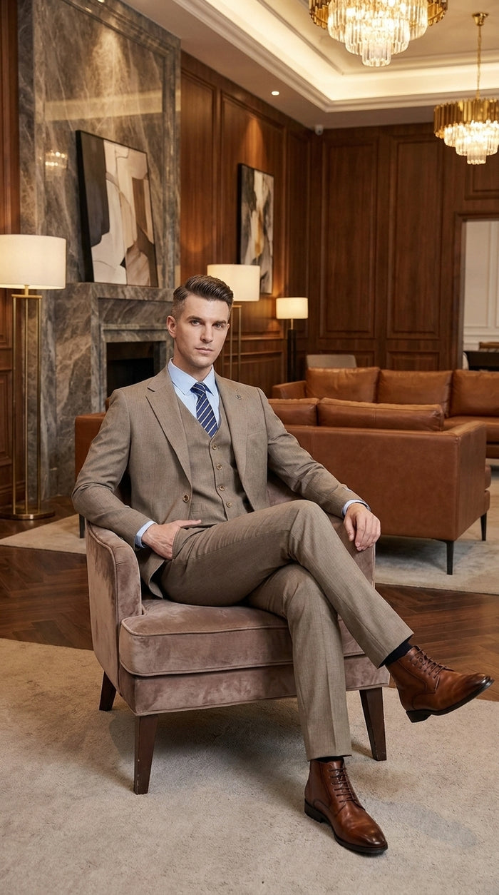 Men’s Taupe Olivish Tan 3-Piece Suit – Elegant Tan Wedding, Business & Formal Suit with Vest