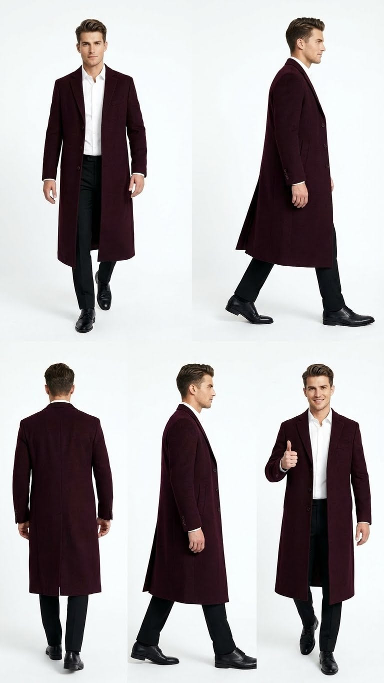 Men’s Burgundy Long Coat – Classic Fit Wool Blend Overcoat - Topcoat Full length