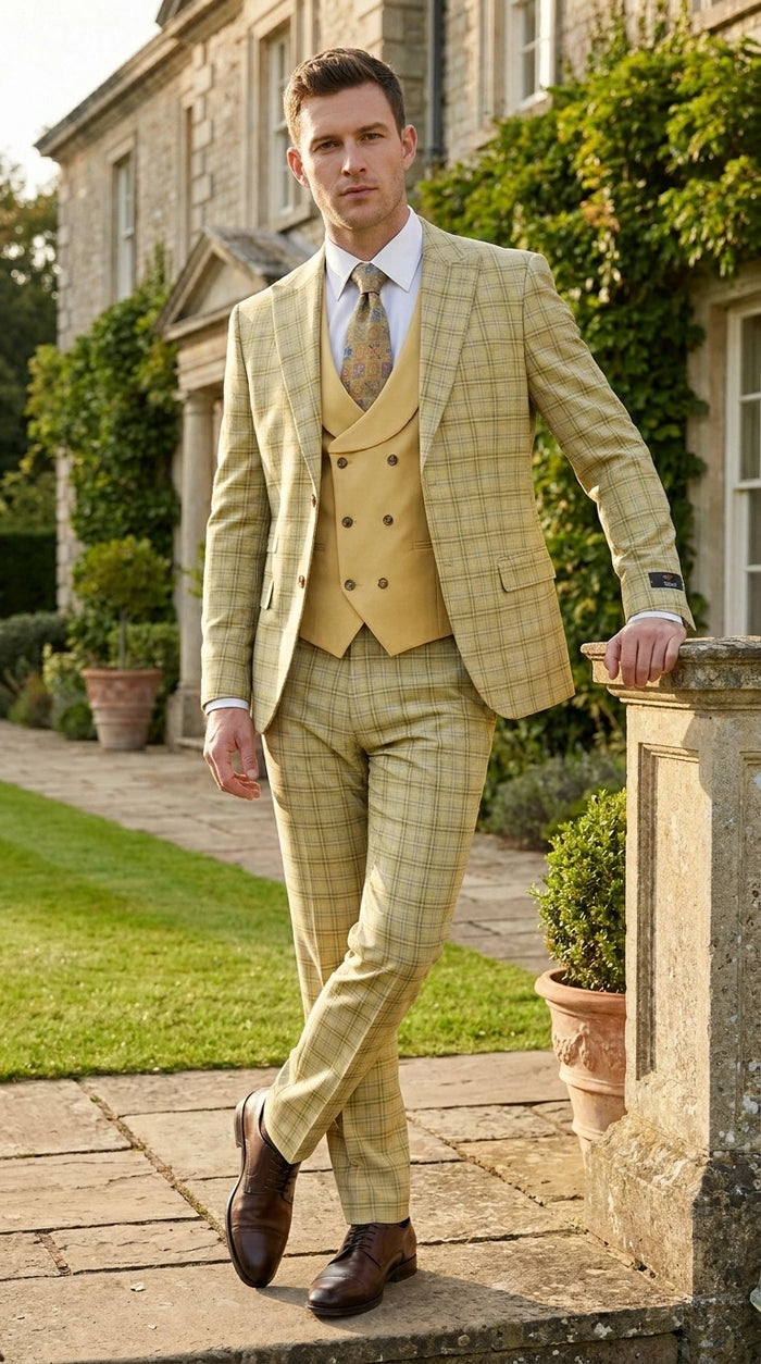 Vitali Men’s Sage Beige Tan Plaid 3 Piece Suit, Check Pattern Formal Dress Suit for Weddings, Prom, Business Events, Modern Fit Light Yellow Color