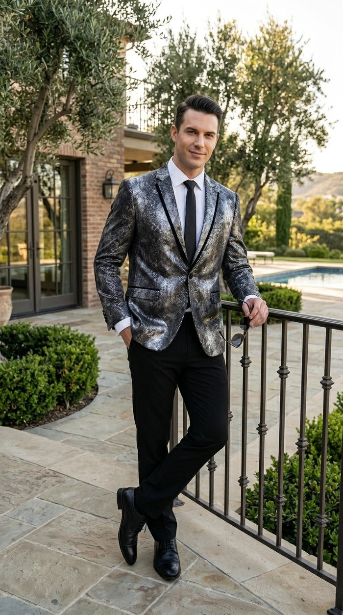 Men’s Black and Charcoal Gray Snakeskin Print Blazer, Animial Exotic Skin Alligator Crocodile Texture