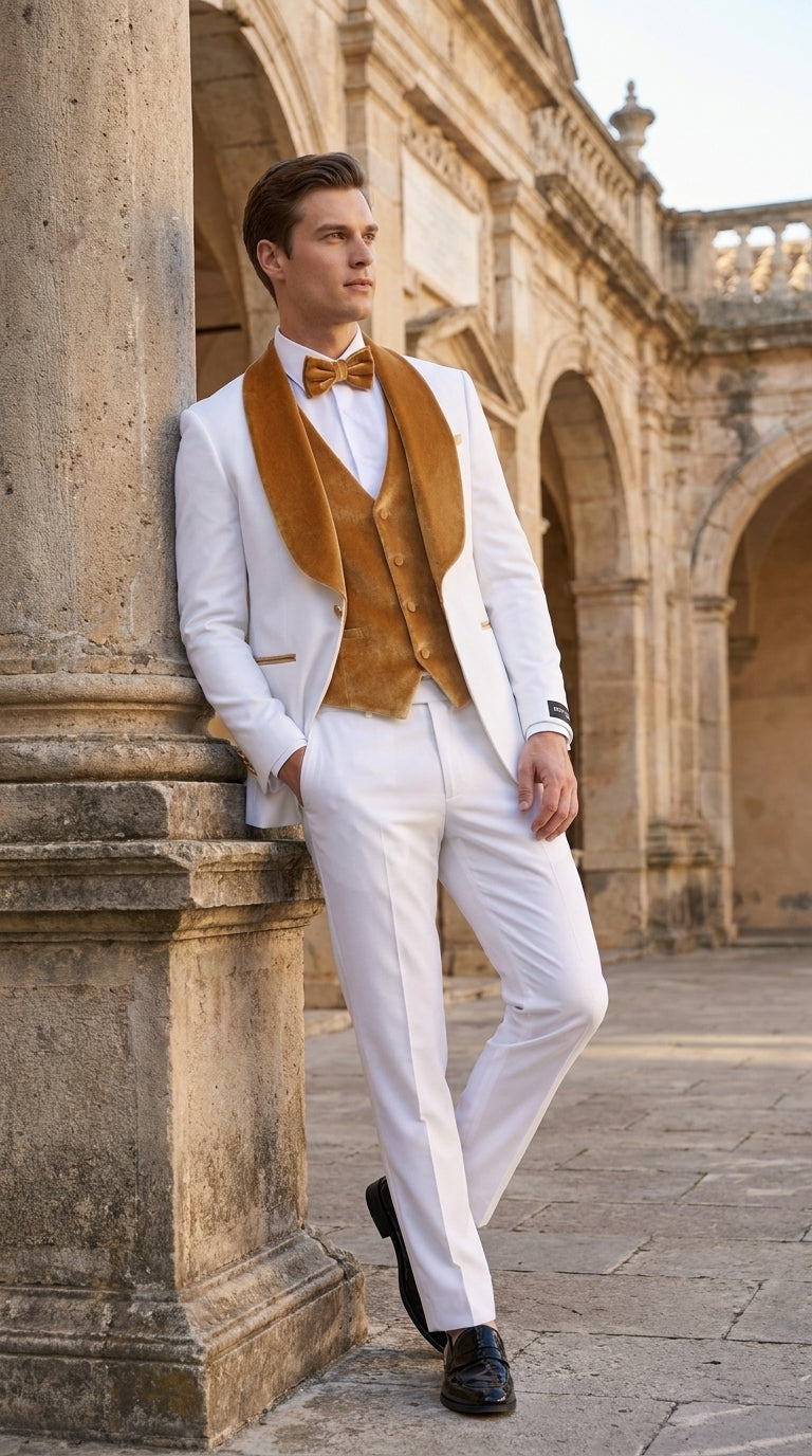 Men's White & Gold Tuxedo – Velvet Shawl Lapel 3 Piece Wedding & Prom Suit