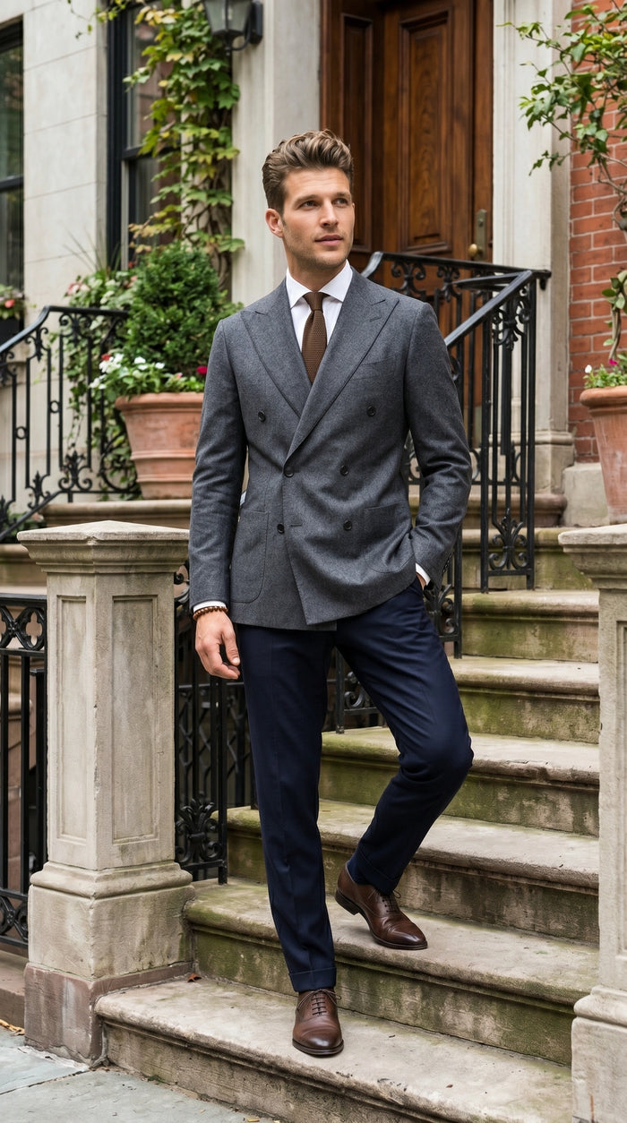 Men’s Charcoal Double Breasted Blazer, Formal Wedding Business Casual Sport Coat Jacket Wool Fabric