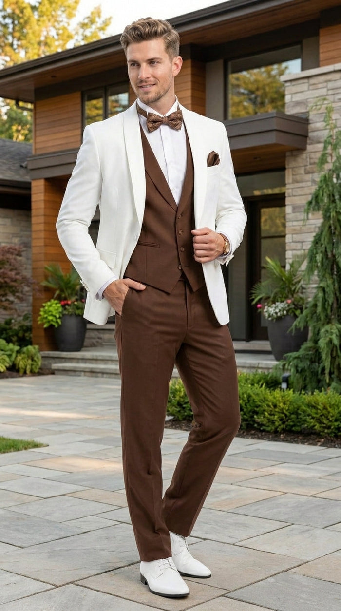 Men’s Ivory and Brown 3 Piece Suit – Elegant White Blazer with Brown Vest and Trousers for Wedding, Prom and Formal Events in off White Cream + Bowtie