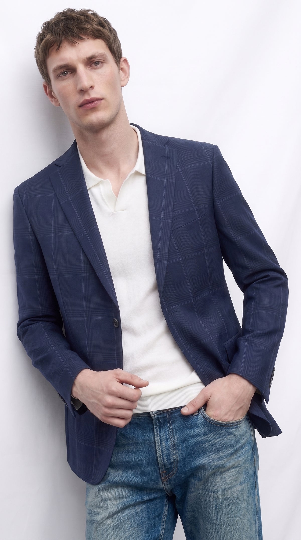 Men’s Navy Blue Plaid Wool Blazer – English Style Textured Wool Winter Sport Coat Windowpane pattern