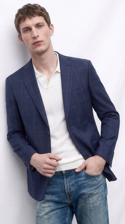 Men’s Navy Blue Plaid Wool Blazer – English Style Textured Wool Winter Sport Coat Windowpane pattern