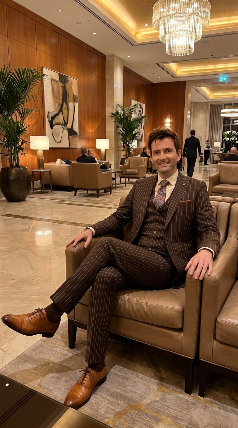 Men’s Doctor Who Inspired Brown Pinstripe 3-Piece Suit – Retro Vintage Wedding, Costume & Formal Suit