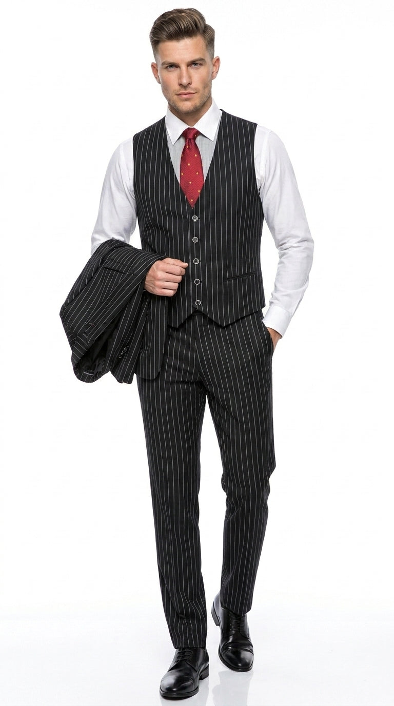 Men’s Gomez Addams Black Pinstripe 3 Piece Suit – Vintage Gangster Gothic Style Suit