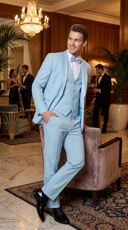 Men’s Powder Blue 3-Piece Tuxedo – Light Blue Wedding & Prom Suit with Vest in Light Blue Sky Color