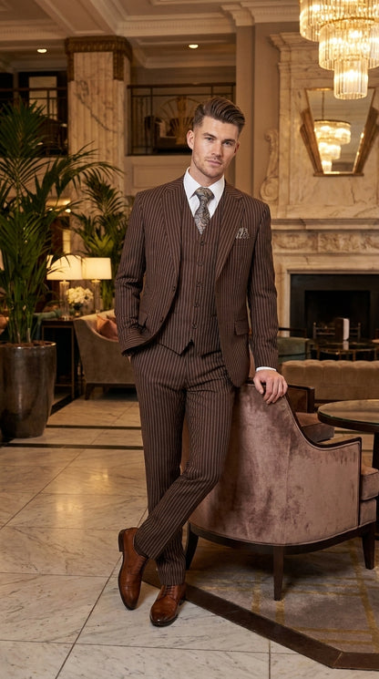 Men’s Brown Pinstripe Edwardian 3 Piece Suit – Vintage Victorian Wedding Suit with Vest