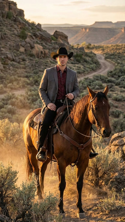 Men’s Charcoal Gray Western Faux Suede Blazer – Double Button Cowboy Jacket for Wedding & Party Wear