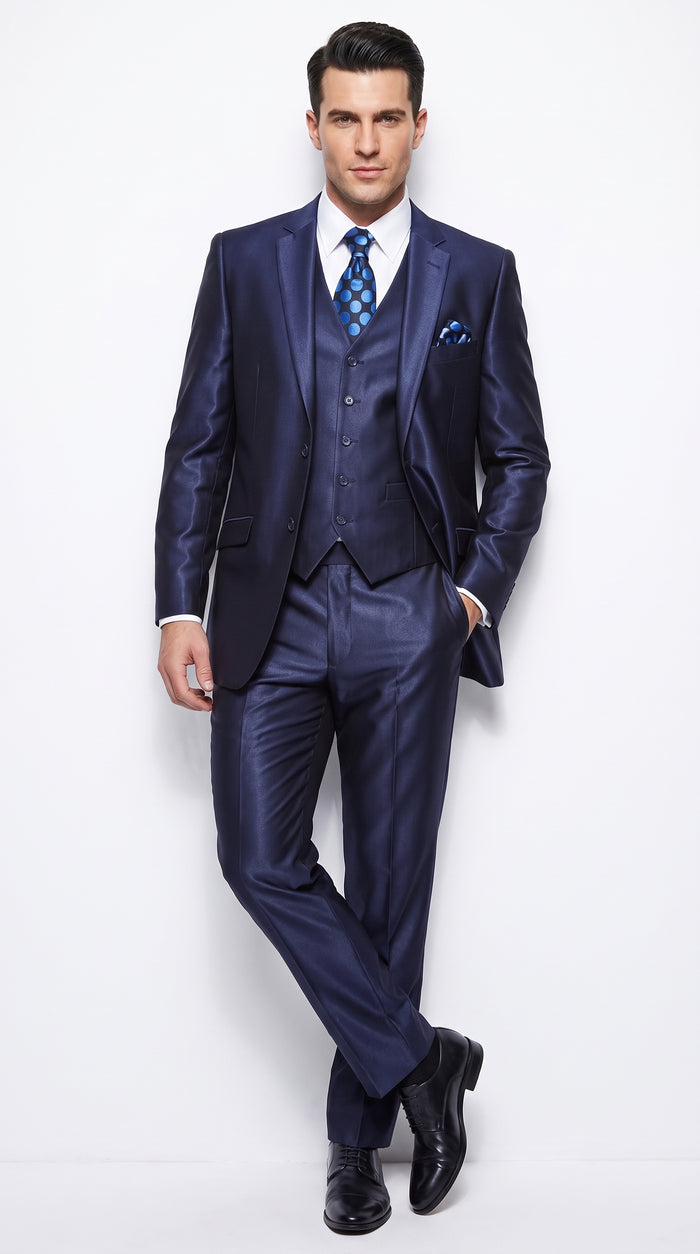 Men's Shiny Navy Blue Sateen 3-Piece Suit – Elegant Wedding, Prom Dress Suit with Matching Vest and Pants Slim Fitted
