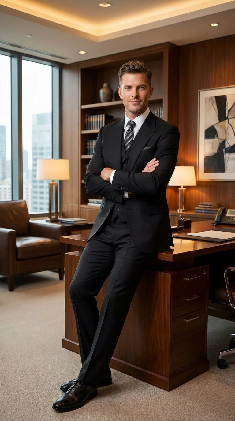 Tiglio Mens Black 3 Piece Suit – Single Button Classic Fit Pleated Wide Leg Pants Formal Business Church Suit - 100% Wool