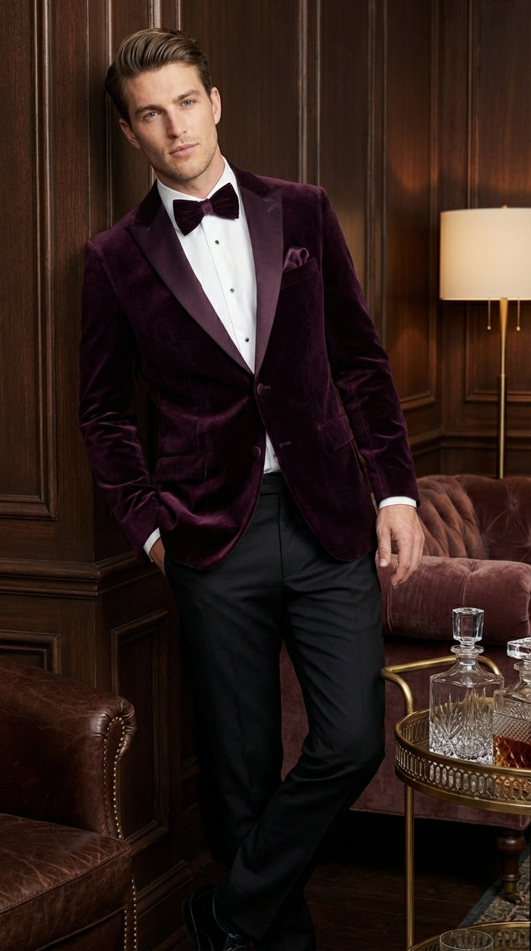 Mens Plum Eggplant Velvet Blazer Jacket – Luxury Velvet Dinner Jacket for Wedding, Tuxedo Events, Formal Parties in Burgundy Color