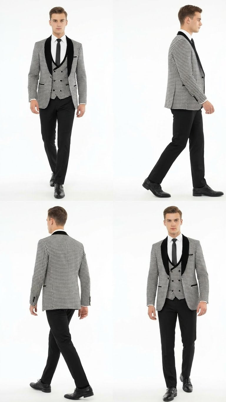 Men’s Black and White Houndstooth Tuxedo Set with Velvet Shawl Lapel | 3-Piece Formal Suit with Double-Breasted Vest