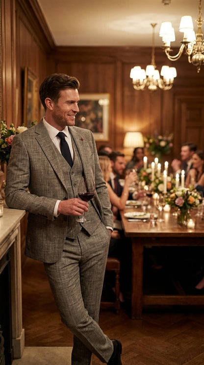 Vitali Brand Men’s Grey Textured Patterned 3 Piece Suit – Modern Fit Checkered Sharkskin with Blazer, Vest & Trousers, Business Wedding