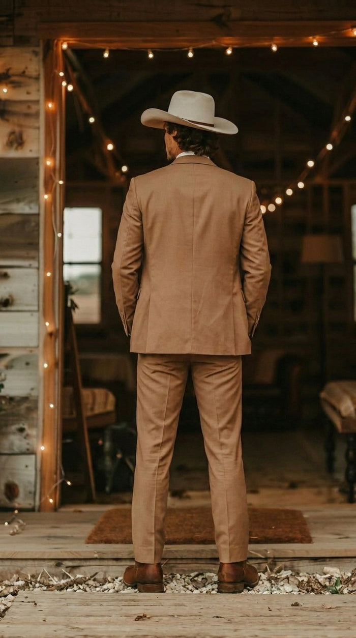 Mens Camel Brown Copper Western 3 Piece Suit – Classic Country Style Blazer Vest Pants Set, Formal Cowboy Suit Outfit