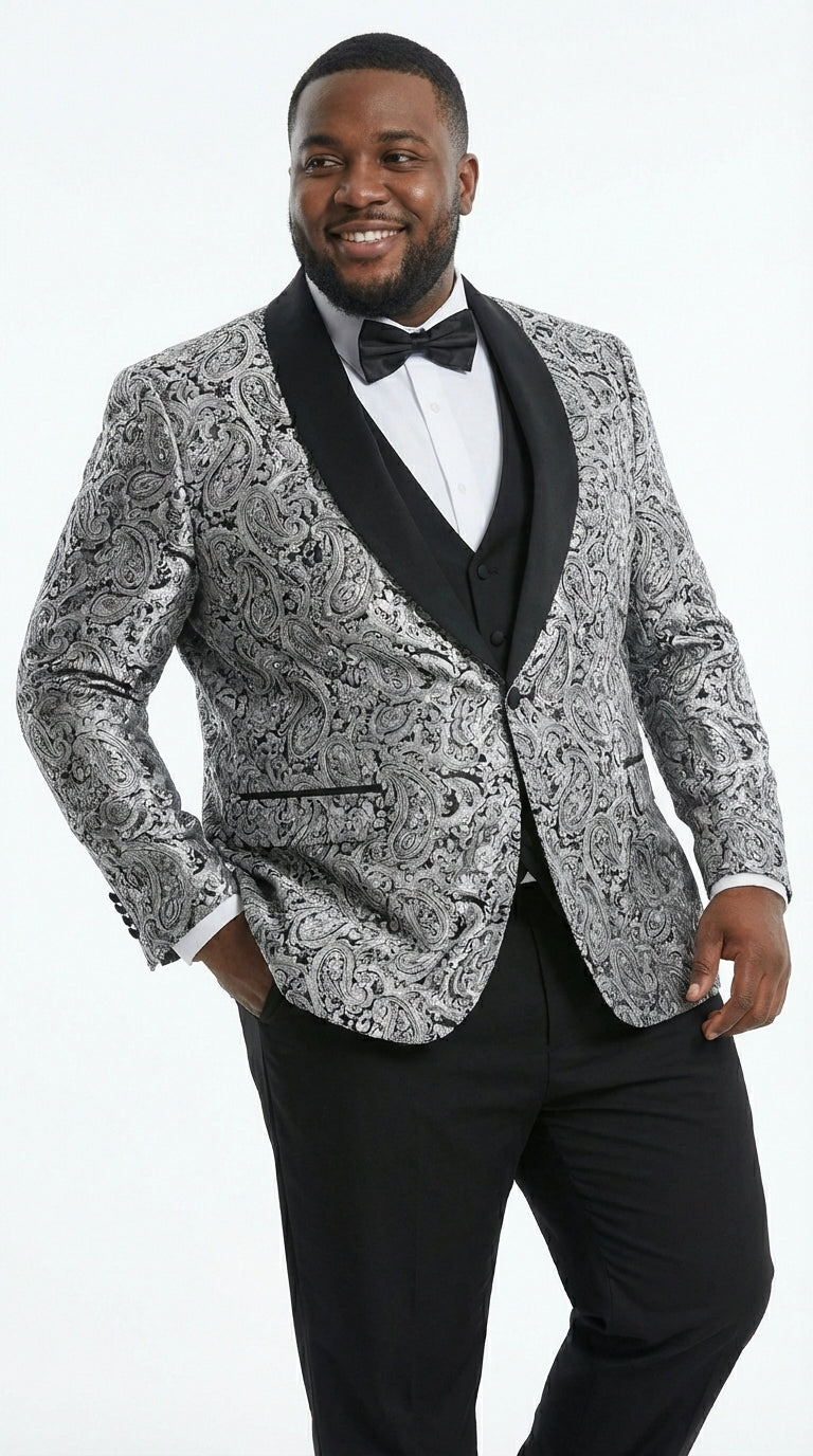 Mens Black and Silver Floral Tuxedo – Luxury Patterned Wedding, Prom and Formal Dinner Tuxedo