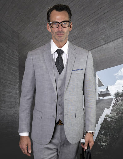 Mens 2 Button Slim Fit Vested Wool Suit in Light Grey 1 LAZARO_GREY_36R  - from alligatorwarehouse.com