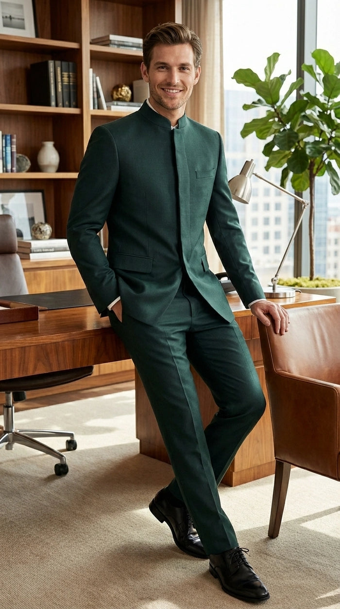 Men’s Olive Green Tuxedo Mandarin Collar Suit – Modern Nehru Style Formal Suit for Wedding Banded Collar