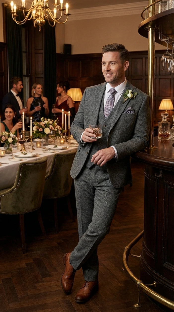 Men’s Peaky Blinder Light Grey Tweed Suit with Vest – Classic Three Piece Formal Suit, Vintage Wedding Business Outfit