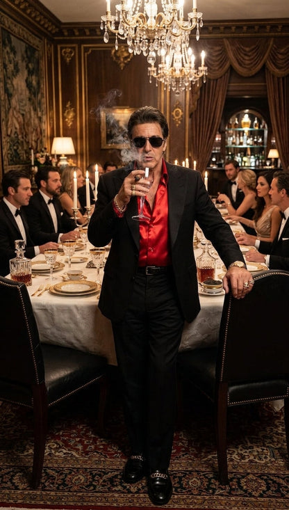 Tony Montana’s Black Blazer with Red Sateen Shirt – Men’s Black Formal Blazer and Red Satin Style Shirt Outfit for Party, Wedding and Vintage Wear