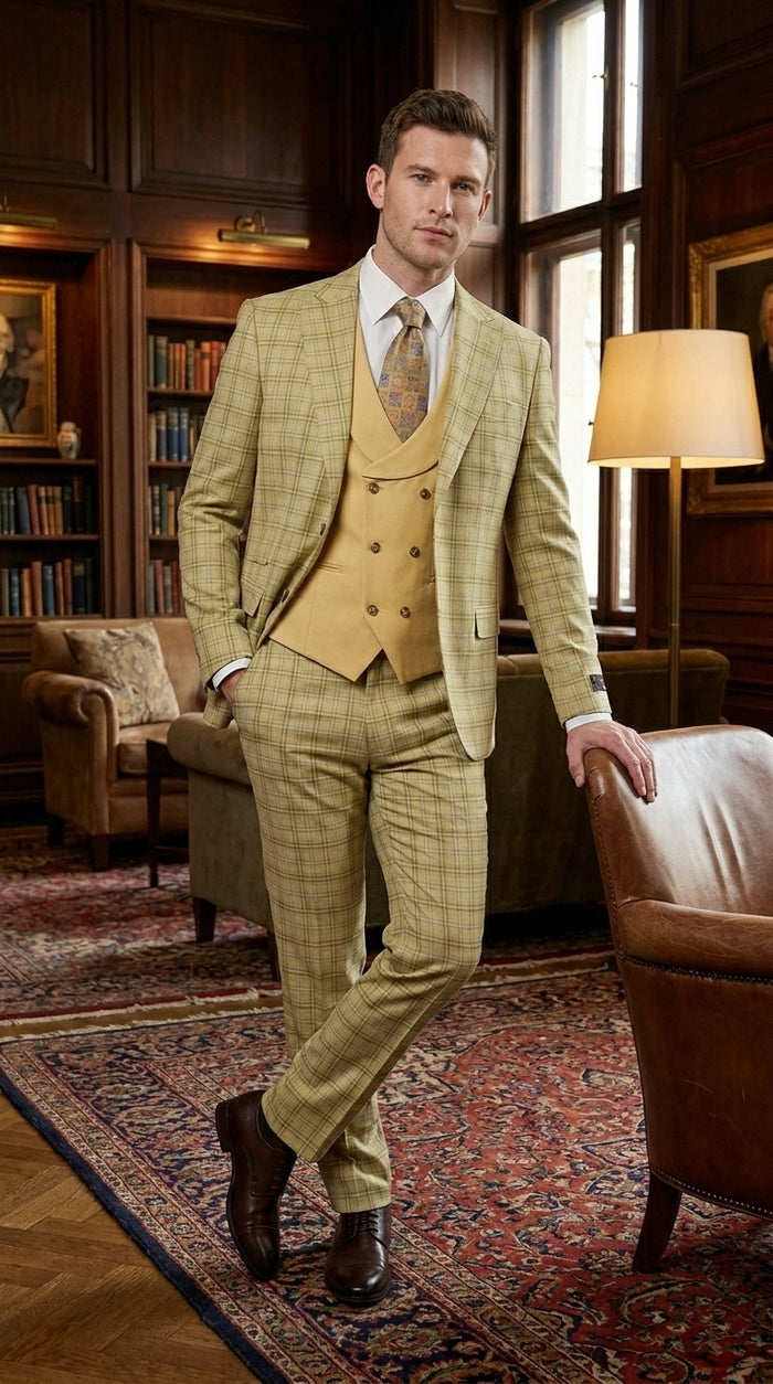 Vitali Men’s Sage Beige Tan Plaid 3 Piece Suit, Check Pattern Formal Dress Suit for Weddings, Prom, Business Events, Modern Fit Light Yellow Color
