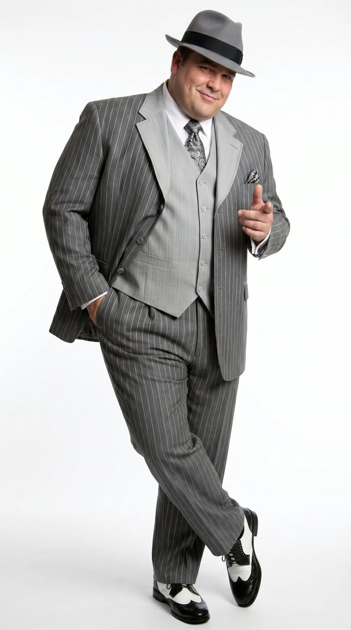 Men’s Grey Pinstripe 1920s Gangster 3 Piece Suit, Contrast Lapel Vintage Formal Suit for Parties, Prom, Weddings, and Theme Events