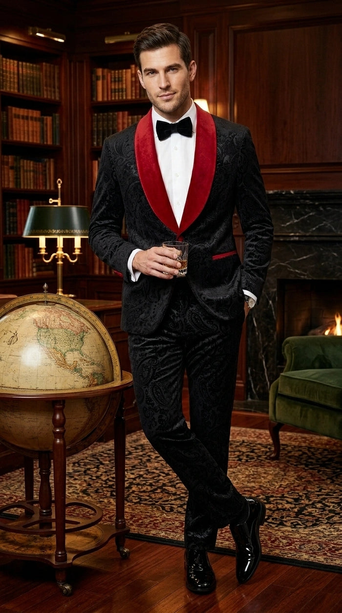 Men’s Black Paisley 2 Piece Suit with Red Shawl Lapel, Formal Wedding Prom Party Suit Set