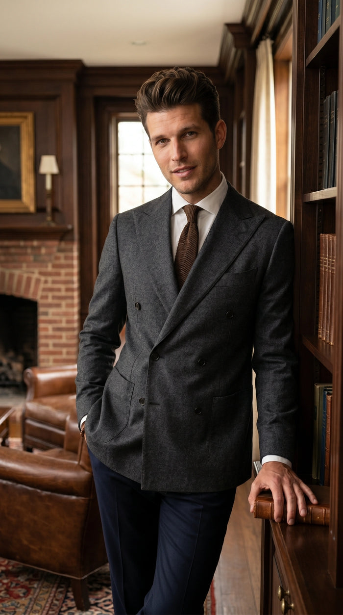 Men’s Charcoal Double Breasted Blazer, Formal Wedding Business Casual Sport Coat Jacket Wool Fabric