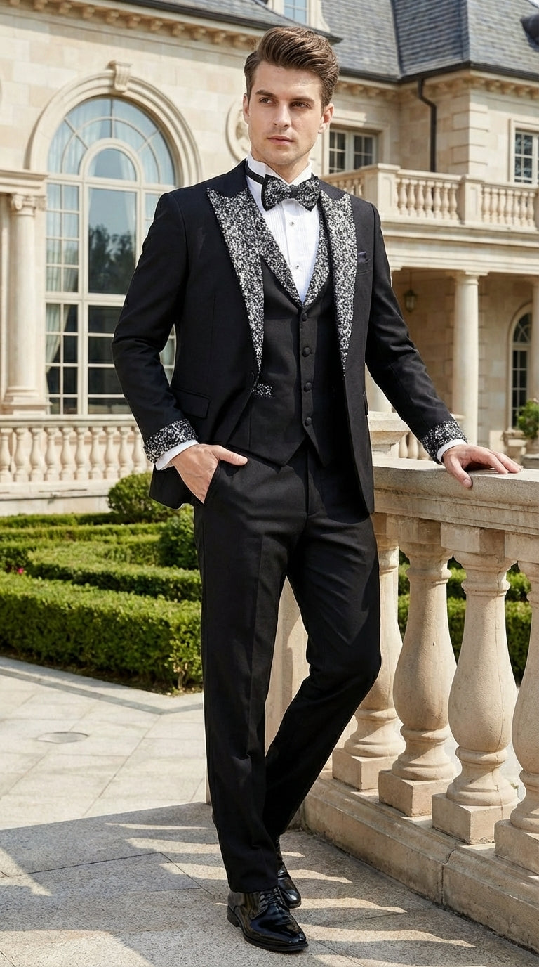 Mens Black and White Lapel Tuxedo Suit – Black Formal Tuxedo with White Pattern Lapel for Wedding, Prom and Evening Events