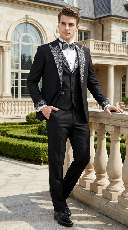 Mens Black and White Lapel Tuxedo Suit – Black Formal Tuxedo with White Pattern Lapel for Wedding, Prom and Evening Events