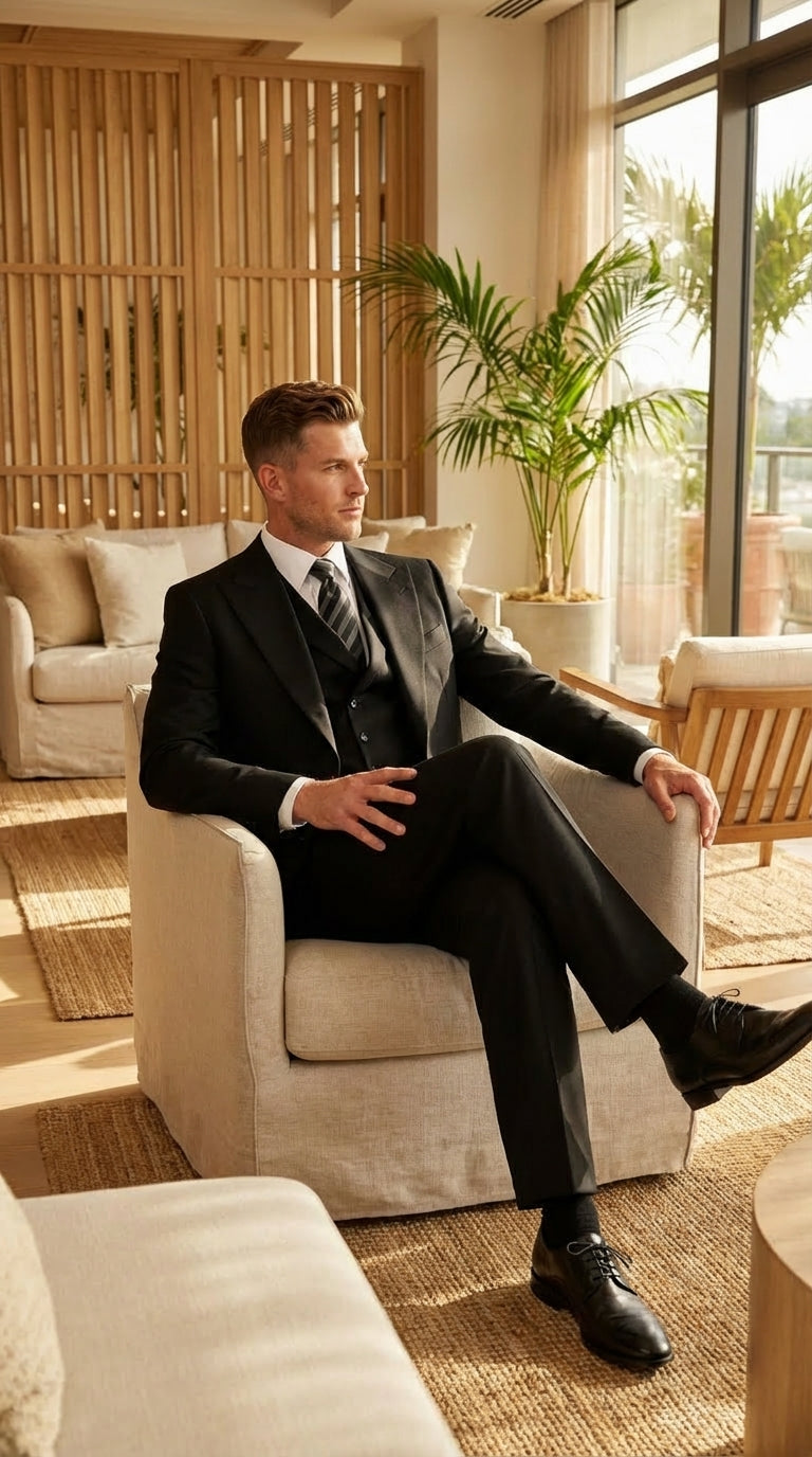 Tiglio Mens Black 3 Piece Suit – Single Button Classic Fit Pleated Wide Leg Pants Formal Business Church Suit - 100% Wool