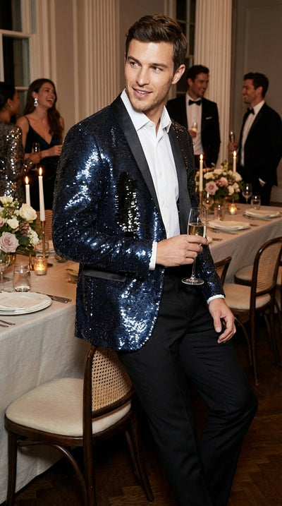 Men’s Navy Sequin Blazer – Navy Blue Sparkle Sequin Formal Blazer with Satin Lapel for Prom, Party and Evening Events