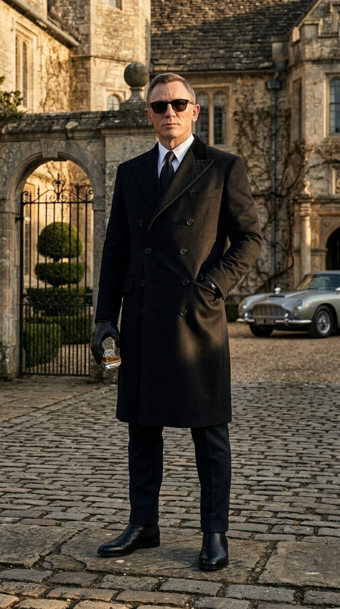 Men’s Black Double Breasted Overcoat, James Bond Inspired Long Formal Coat for Weddings, Business Events, Parties, and Winter Occasions