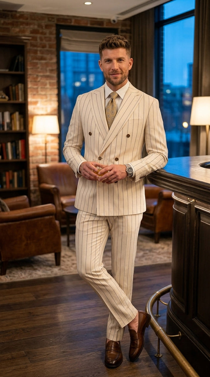 Men’s Cream Off White Pinstripe Pinstripe 2 Piece Double Breasted Suit, Summer Wedding Ivory Color By Vitali