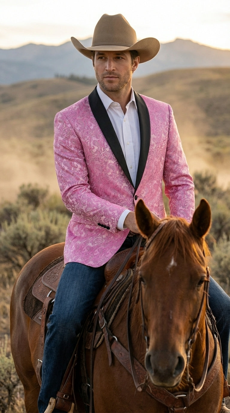 Mens Hot Pink Paisley Western Blazer Jacket – Stylish Pattern Formal Blazer with Black Shawl Lapel for Party, Wedding Cowboy Sportcoat