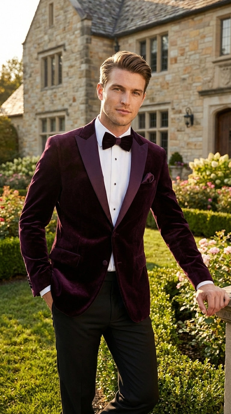 Mens Plum Eggplant Velvet Blazer Jacket – Luxury Velvet Dinner Jacket for Wedding, Tuxedo Events, Formal Parties in Burgundy Color
