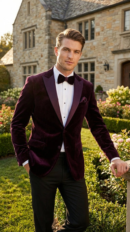Mens Plum Eggplant Velvet Blazer Jacket – Luxury Velvet Dinner Jacket for Wedding, Tuxedo Events, Formal Parties in Burgundy Color