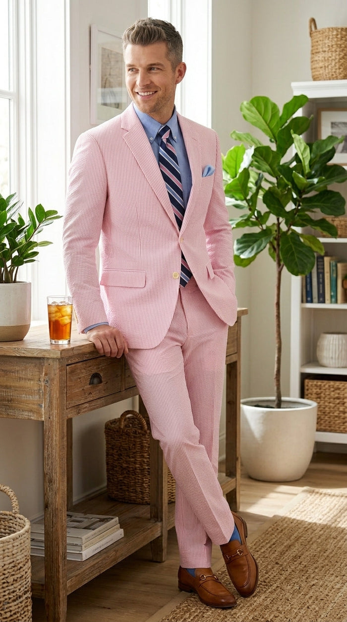 Men’s Pink Seersucker 2 Piece Suit, Lightweight Summer Dress Suit for Weddings, Prom, Parties, and Special Occasions