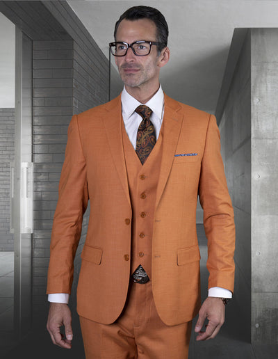 Mens 2 Button Slim Fit Vested Wool Suit in Rust 1 LAZARO_RUST_42L  - from alligatorwarehouse.com