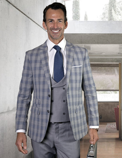 Mens 2 Button Plaid Suit with Low Cut Double Breasted Vest in Grey Plaid 1 LARZO_GRAY_40S  - from alligatorwarehouse.com