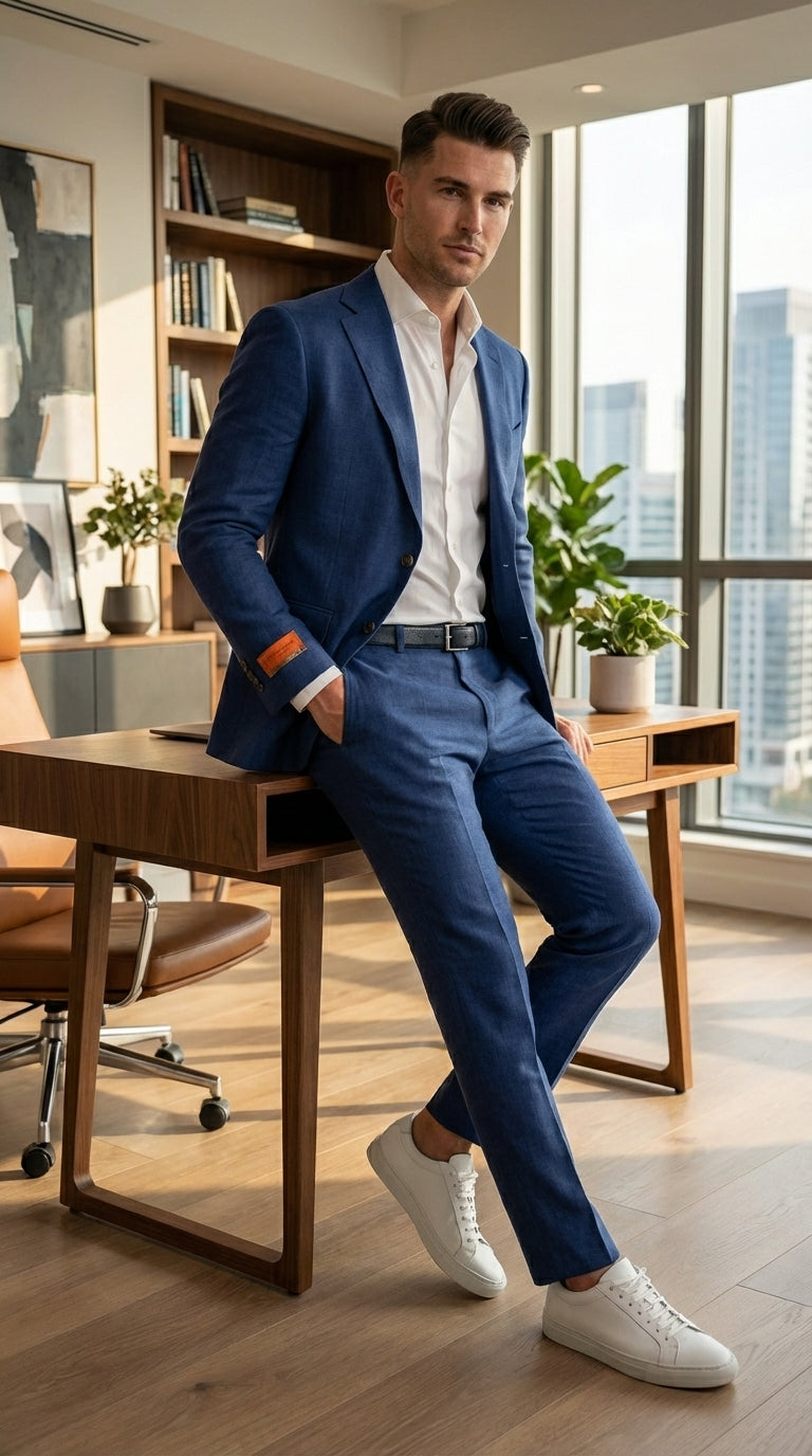 Mens Enzo Tovare Denim Blue Linen Summer Suit – Breathable Two Piece Suit for Wedding, Business, Travel