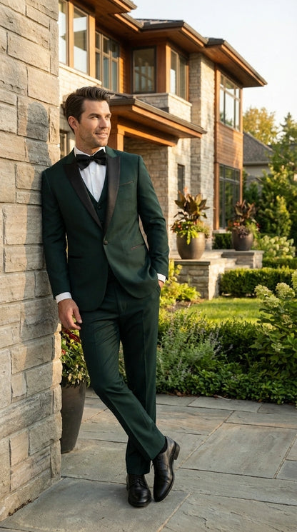 Men’s Hunter Green Tuxedo Suit 3 Piece – One Button Peak Lapel Designer Formal Suit for Wedding,  Light Weight Wool By Statement Dark Green