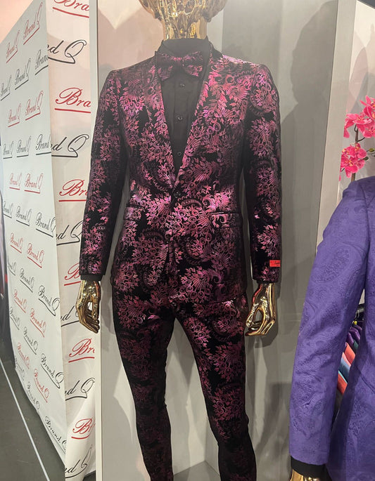Menƒ??s Black and Deep Pink Floral Tuxedo Suit ƒ?? Slim Fit 2 Piece Formal Set with Matching Bow Tie