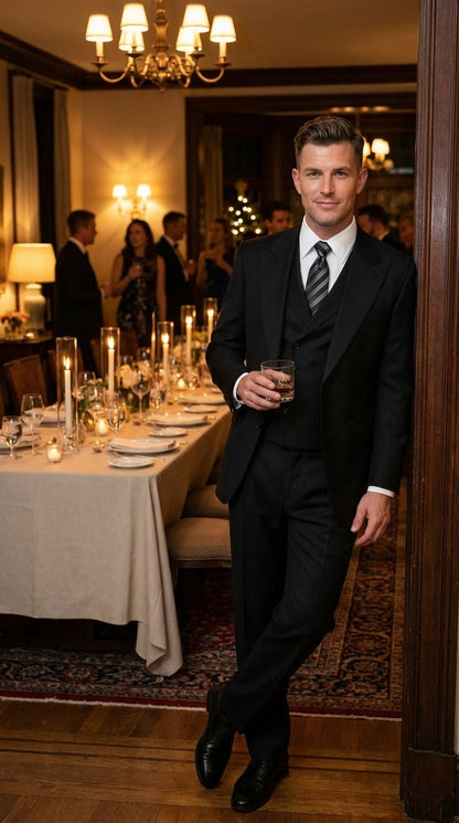 Tiglio Mens Black 3 Piece Suit – Single Button Classic Fit Pleated Wide Leg Pants Formal Business Church Suit - 100% Wool