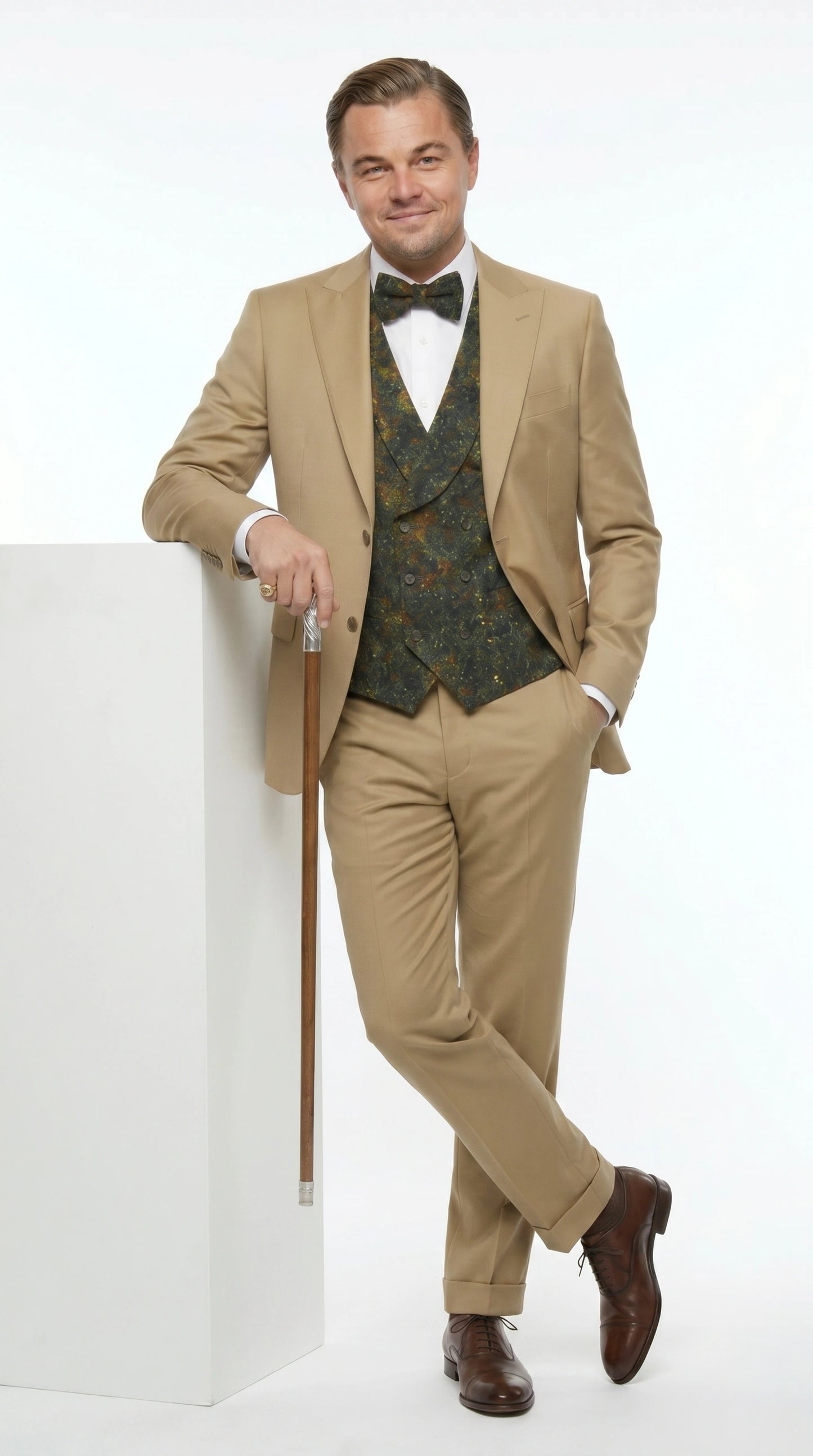 Men’s Khaki 3 Piece Suit with Patterned Vest, Great Gatsby Inspired Formal Suit for Weddings, Mardi Gra in Tan Camel Color