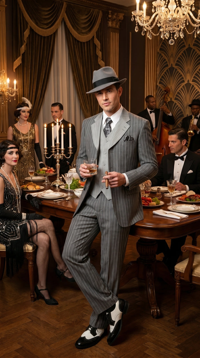 Men’s Grey Pinstripe 1920s Gangster 3 Piece Suit, Contrast Lapel Vintage Formal Suit for Parties, Prom, Weddings, and Theme Events