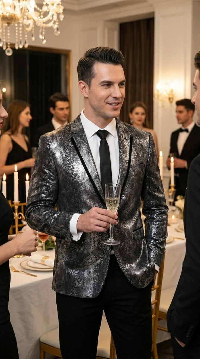 Men’s Black and Charcoal Gray Snakeskin Print Blazer, Animial Exotic Skin Alligator Crocodile Texture