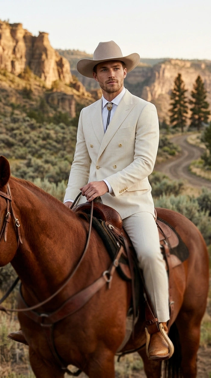 Men’s Tan Linen Cowboy Suit, Double Breasted Western Wedding Formal Western Suit Country style in Beige Tan Color